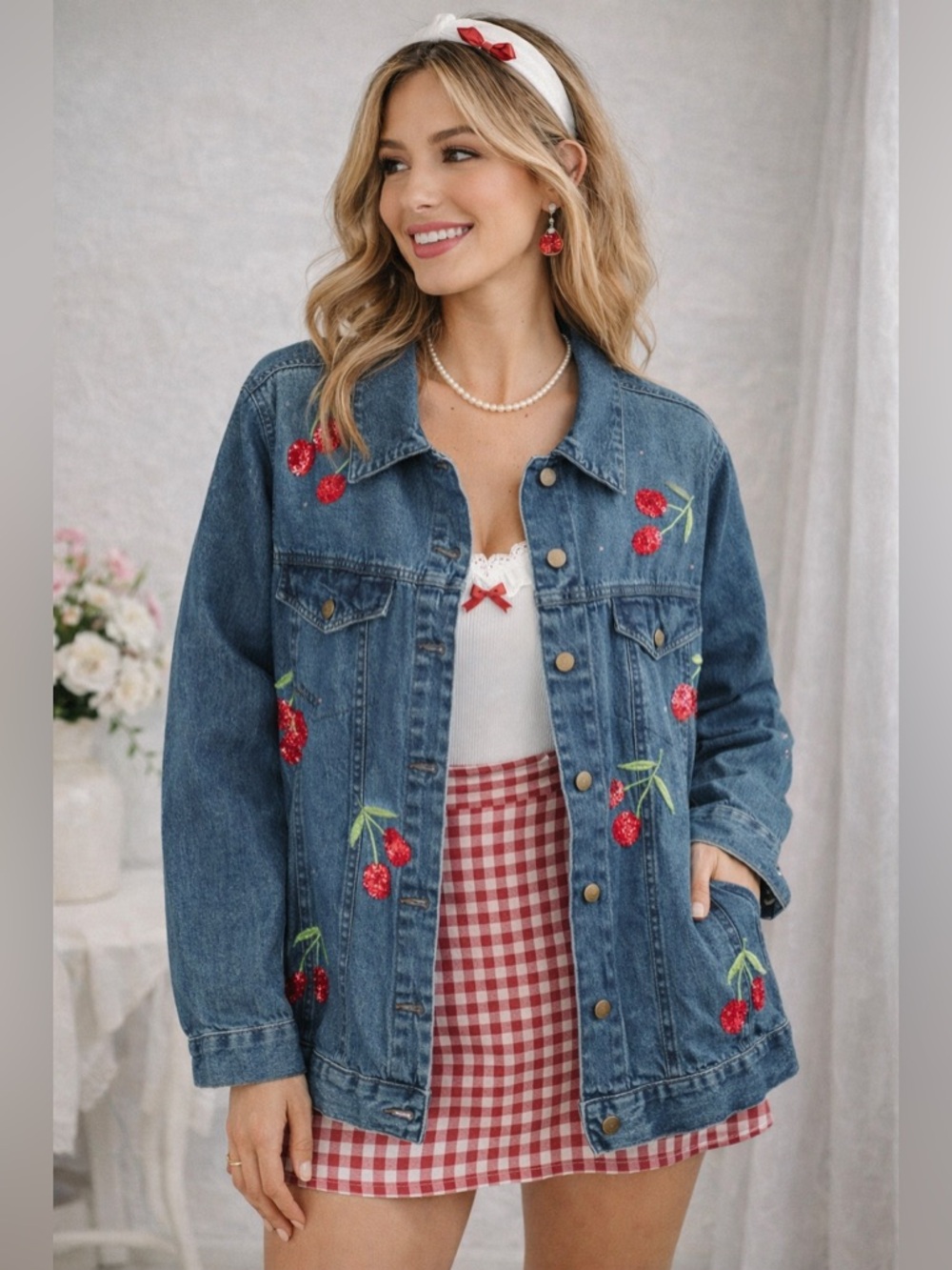Quacker‎ Factory Embroidered Cherry Sequin Denim Jean Jacket Shacket Retro Lg